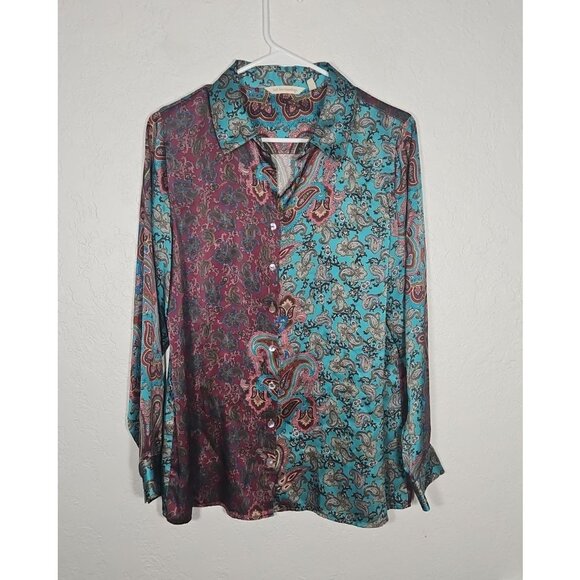 Soft Surroundings Silk Paisley Button Down Long Sleeve Vibrant Blouse Medium - Picture 1 of 6